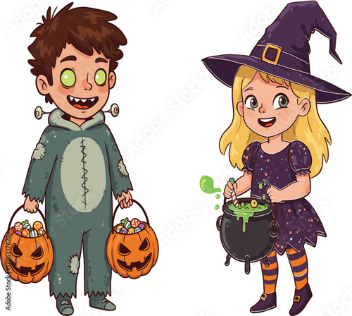Halloween children in monster and witch costumes holding candy buckets and cauldron, festive cartoon illustration with spooky playful holiday vibe