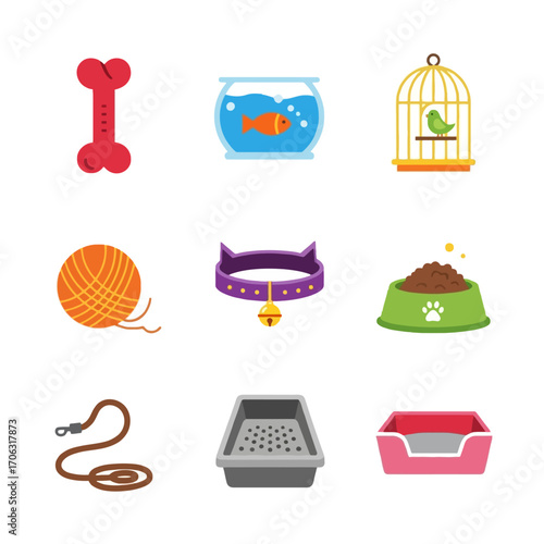 Vector Illustration of a Simple, Colorful Pet Supplies Icon Set on a White Background