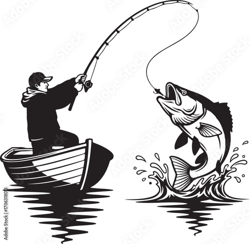Fisherman in a boat catching a bass fish with hook on boat silhouette vector, fisherman casing bass fish with a fishing rod, vector logo illustration