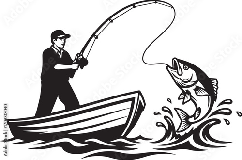 Fisherman in a boat catching a bass fish with hook on boat silhouette vector, fisherman casing bass fish with a fishing rod, vector logo illustration