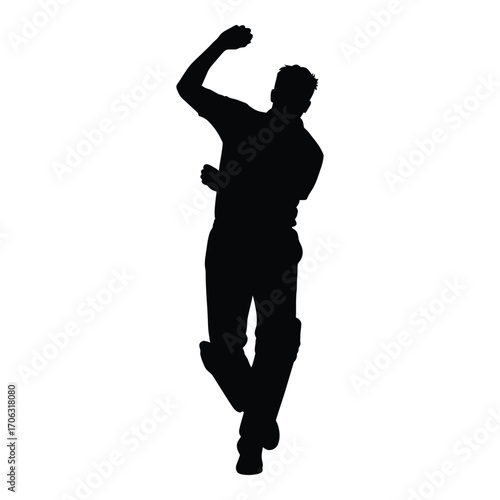 Dynamic silhouette of a cricket bowler in action ready to deliver the ball silhouette