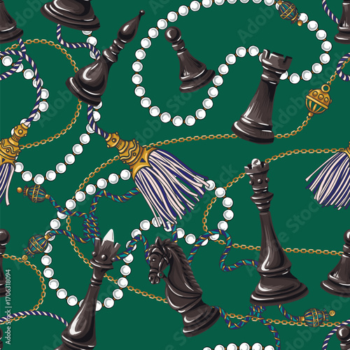 Elegant Seamless Chess Motif Vector Pattern Showcasing Black Chess Pieces With Beaded Tassel Accents