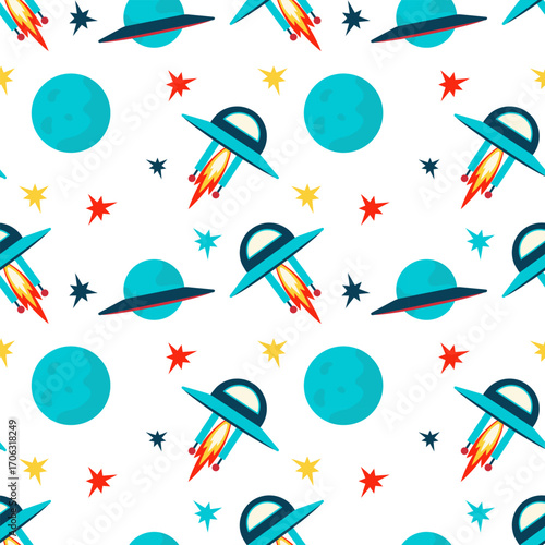 Space for Kids: Seamless pattern with flying saucers, rockets and planets in a flat style