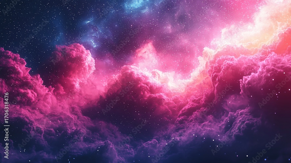Obraz premium Vivid nebula cloudscape, cosmic dust and starlight. Pink, blue, and orange hues dominate