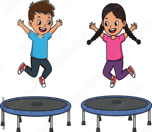 Happy kids jumping on trampolines in colorful outfits, energetic childhood activity, outdoor fun, fitness playtime, joyful movement, cartoon vector illustration