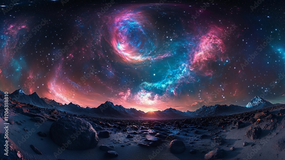 Naklejka premium Vibrant nebula clouds paint the night sky over a rocky, mountainous landscape on an alien planet, creating a breathtaking cosmic sunset scene