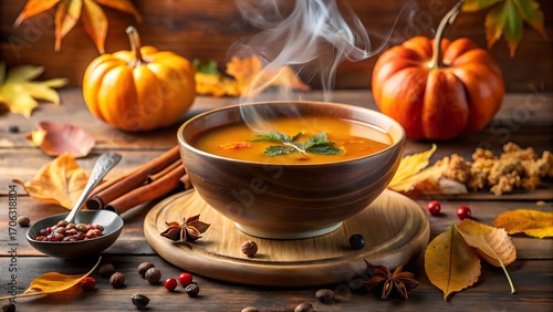 Enjoy warm autumn pumpkin soup with cinnamon and star anise, perfect for Thanksgiving celebrations