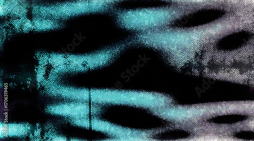 Abstract illustration features a photocopy texture with glitch art style. Wavy black and cyan aqua shapes dominate, with subtle grain and irregular organic forms on a pale background.
