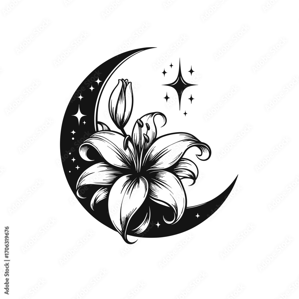 Fototapeta premium Moon with lily flower and stars in mystical vintage style