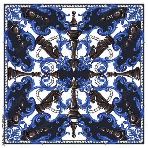 Luxury chess barocco scarf design with black pieces and blue ornamental floral elements