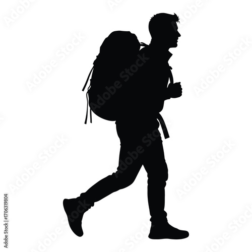 Silhouette of a hiker with a backpack walking forward on a silhouette