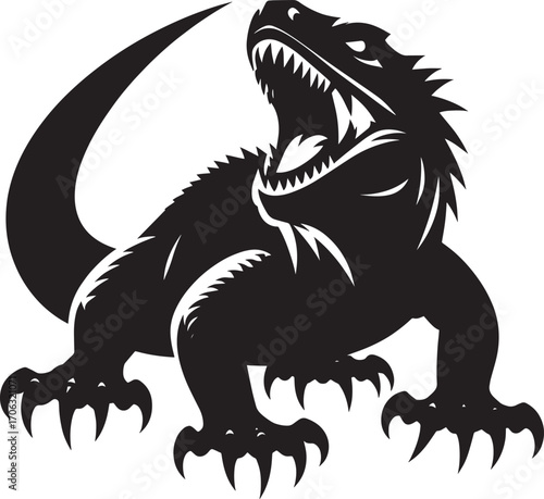 Fierce black lizard silhouette roaring with sharp teeth and claws powerful reptile