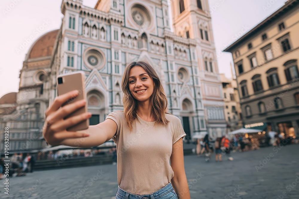 Fototapeta premium A cheerful woman takes a selfie in front of a stunning historical building capturing the beauty of travel and happiness