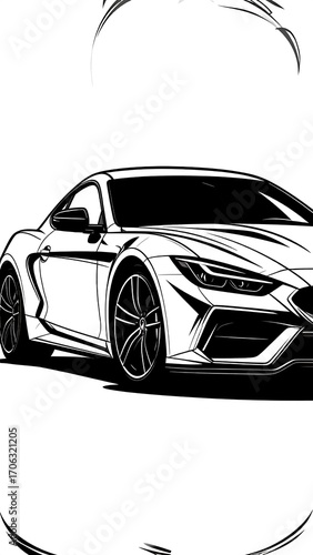 Sporty car drawing, black and white