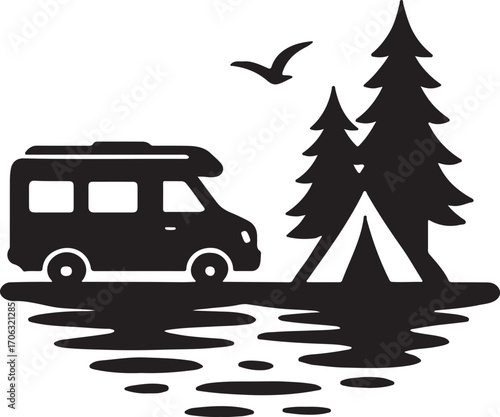 Camper Van Silhouette Parked Beside Lake Scenic Camping Vector Illustration for Vanlife Outdoor Lifestyle