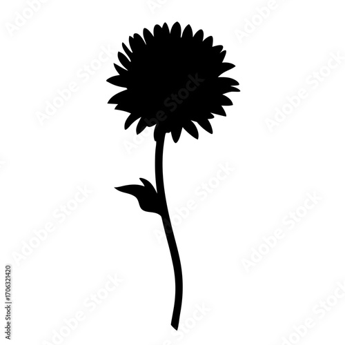 Silhouette of Single Sunflower Bloom-Black silhouette of a sunflower with tall stem and leaves, isolated on white background, ideal for decoration, floral art, and design.  