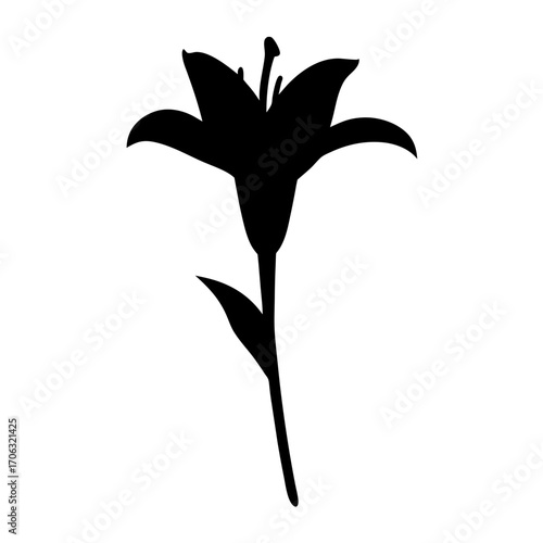 Silhouette of Blooming Lily Flower-Black silhouette of a single lily flower with stem and leaf, isolated on white background, perfect for decoration and floral design.