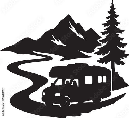 Camper Van Silhouette Driving Mountain Road Adventure Travel Vector Illustration for Outdoor Exploration