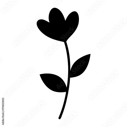 Silhouette of simple flower with stem and leaves-Black silhouette illustration of a small flower with three petals, long stem, and two leaves, isolated on white background for design use.