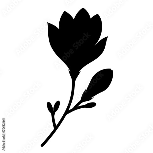 Silhouette of magnolia flower with bud-Black silhouette illustration of a magnolia flower branch with bloom, bud, and leaves, isolated on white background for decorative and botanical design.