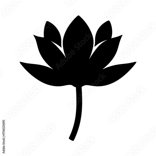 Silhouette of lotus flower with stem-Black silhouette illustration of a lotus flower in bloom with stem, isolated on white background, symbolizing purity, peace, and spirituality.