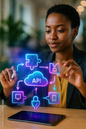 A business woman is interacting with a futuristic digital interface. She is holding a stylus, and the interface shows cloud computing and application programming interface elements