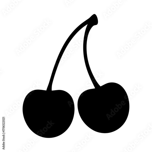 Black cherry silhouette icon on white background-Simple black silhouette illustration of two cherries with stems, isolated on white background, symbolizing fruit, freshness, and minimal design.