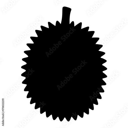 Durian fruit silhouette icon-Black silhouette illustration of a durian fruit with its sharp spiky outer shell, vector design representing exotic tropical fruit, suitable for food, botanical, and agric