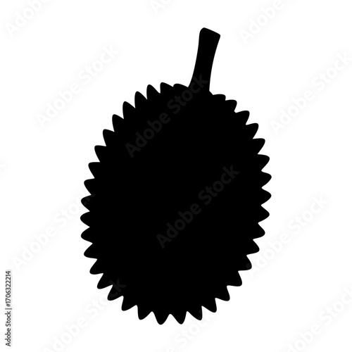 Durian silhouette icon-Black silhouette illustration of a durian fruit with its distinctive spiky outer shell, simple vector design suitable for exotic fruits, tropical themes, and botanical concepts.