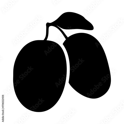 Plum fruit silhouette with leaf icon-Black silhouette illustration of two plums with stem and leaf, simple fruit icon perfect for healthy food, farm, or design themes.