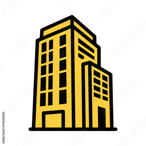 Modern office building icon in a bold yellow and black style. A simple vector graphic representing corporate architecture and real estate