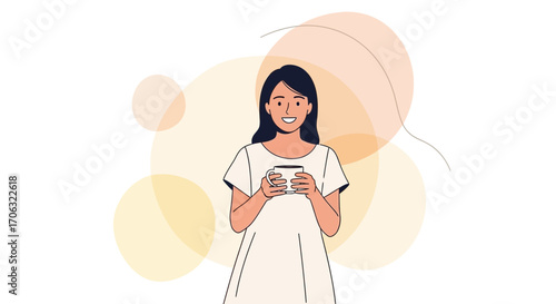 Woman Enjoying A Moment Smiling And Holding A Cup Of Beverage In The Morning