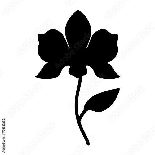 Silhouette of orchid flower with leaf-Black silhouette of an orchid flower with three large petals, a stem, and a single leaf. Simple floral vector illustration ideal for botanical, decorative, natura