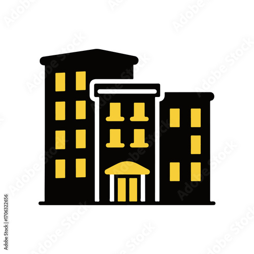 Simple flat vector icon of city buildings, representing real estate, urban development, and architecture on an isolated white background