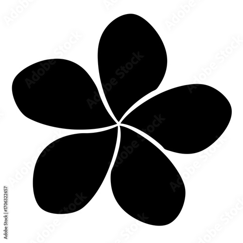Silhouette of five-petal plumeria flower-Black silhouette of a simple five-petal plumeria flower viewed from above. Minimalist floral vector illustration suitable for botanical, tropical, decorative, 