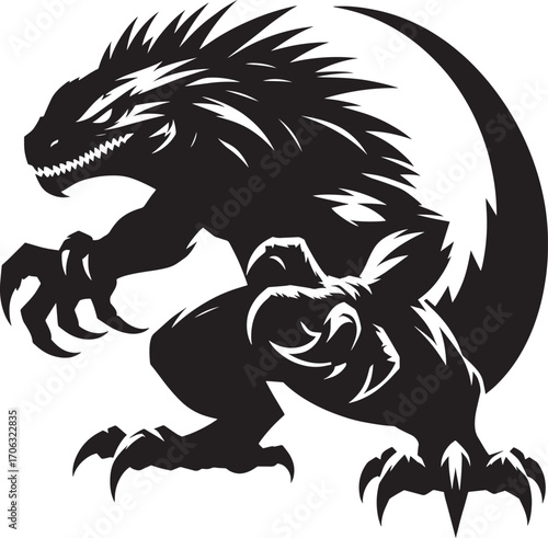 Fierce black silhouette of a dinosaur or lizard creature ready to strike
