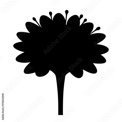 Silhouette of blooming flower with stamens-Black silhouette of a blooming flower with rounded petals and visible stamens. Simple floral vector illustration for decorative, botanical, or ornamental des
