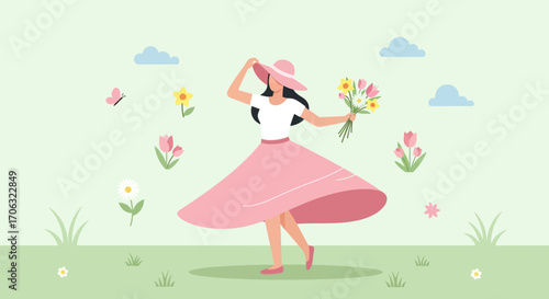 Woman Enjoying Daydream With Flowers Amidst Springtime Scenery In Graceful Illustration
