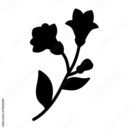 Silhouette of bellflower branch with leaves-Black silhouette of a bellflower branch featuring blooming flowers, a bud, and leaves. Elegant floral vector design suitable for decorative, botanical, or o