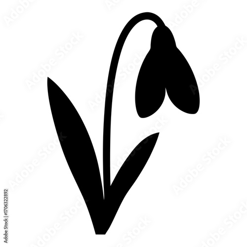 Silhouette of snowdrop flower with leaves-Black silhouette of a snowdrop flower with drooping petals and long leaves, minimalist vector design ideal for floral, botanical, or decorative illustrations.