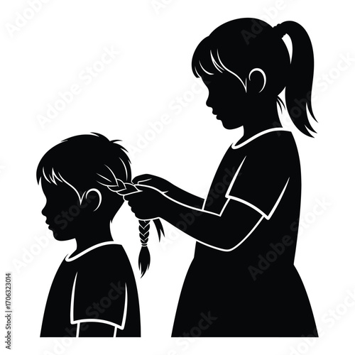 Silhouette of older sister braiding younger sister's hair black and white silhouette
