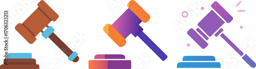 Colorful graphic art depicting justice with gavel and sound block in three variations