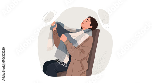 Woman Enjoying Warmth And Comfort Of A Scarf While Sitting In A Chair Peacefully