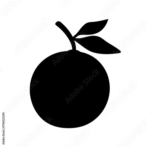 Silhouette of round orange fruit with leaves-Black silhouette of a citrus orange with stem and two leaves, symbolizing fresh fruit, organic produce, healthy eating, and natural nutrition.