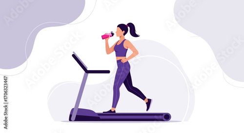 Woman Exercising On Treadmill While Drinking Water, Healthy Lifestyle And Fitness Concept