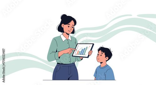 Woman Explain Investment Charts To Boy Creating Financial Literacy, Success Minded