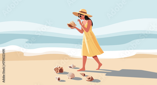 Woman Finds Treasure on Seaside: Summer Dress and Shells on Beachside Serene Day.