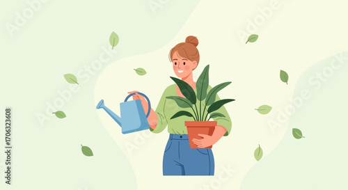 Woman Gardening Her Home, Cultivating Plant Growing, Enjoying Hobby Indoors and Outdoors