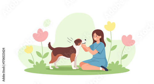 Woman Grew Up Her Dog In The Garden, Petting It With Affection And Joy, Happy Relationship