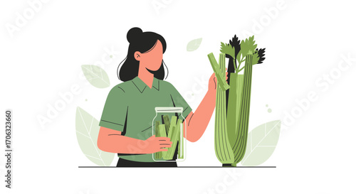 Woman Handling Celery, Preparing to Store, Isolated on White Background, Healthy Food
